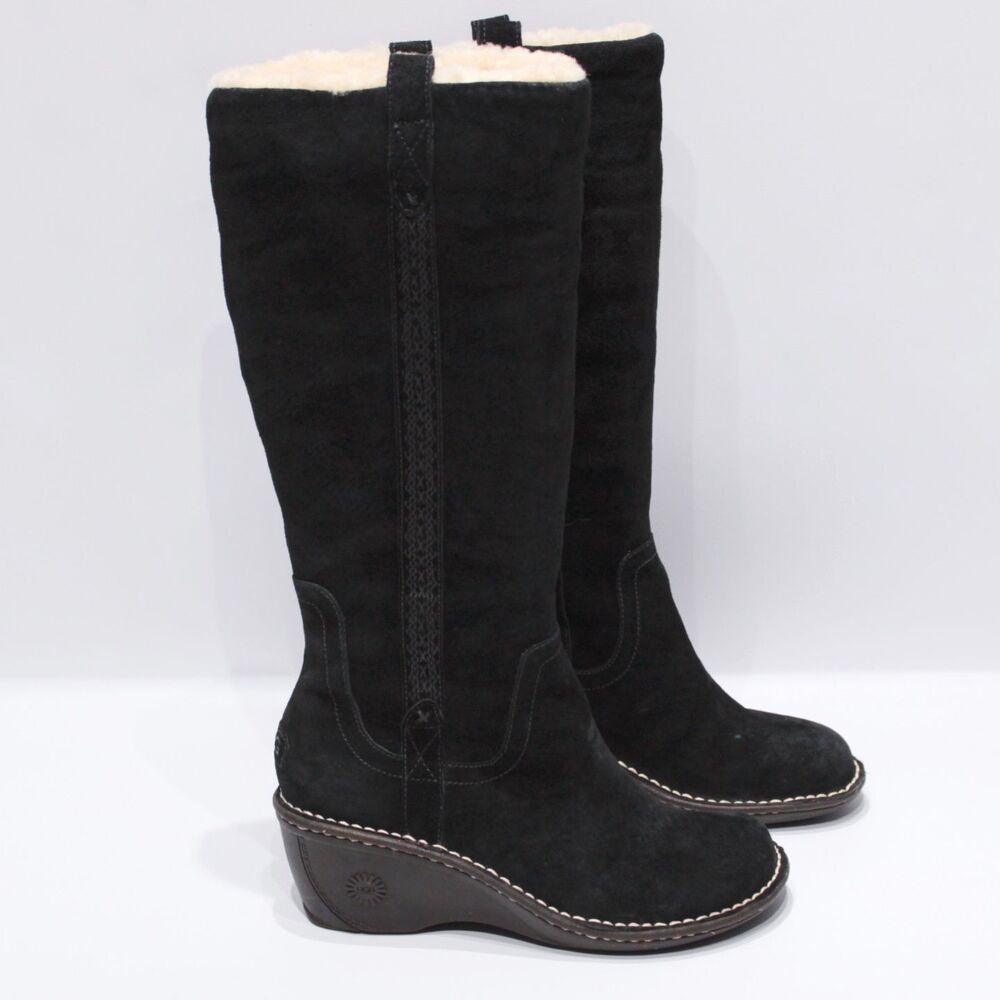 UGG 13" Hartley Black Suede Wedge Heel Side Zip Winter Snow Boots Women Size 7